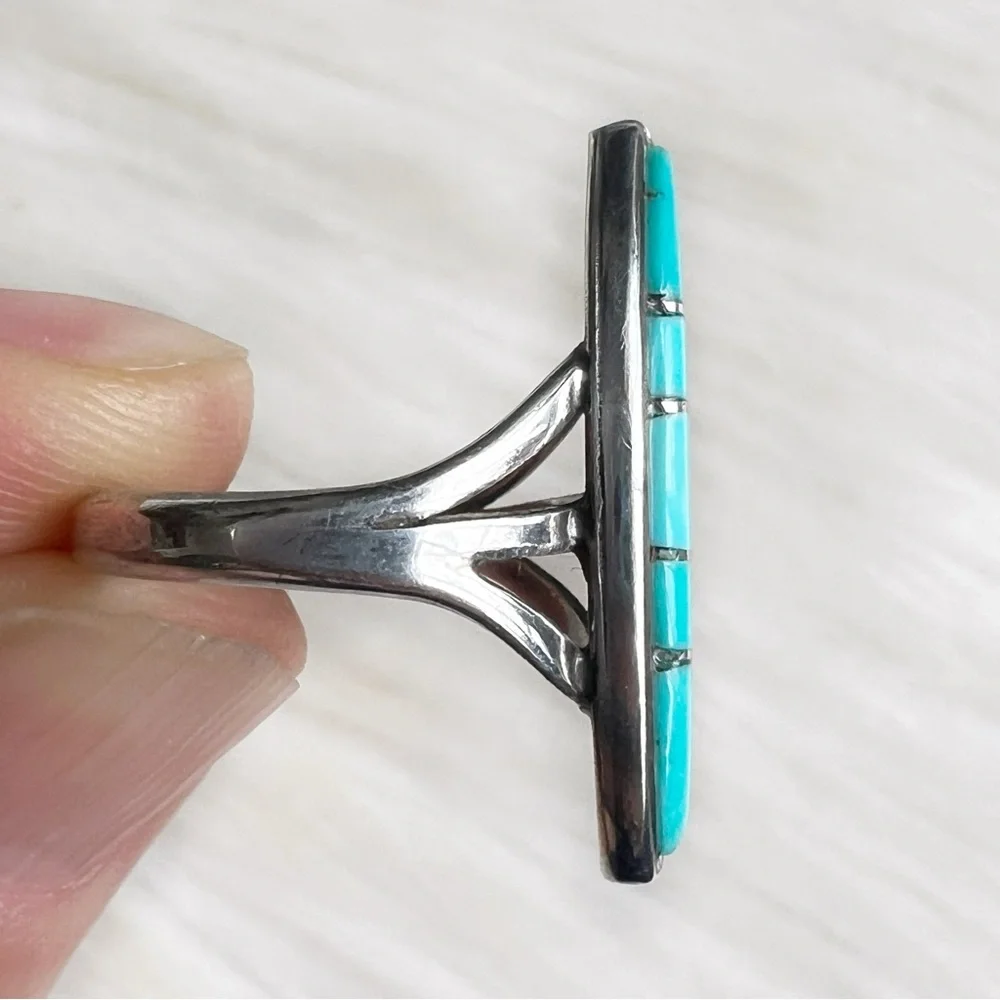 NATIVE Zuni Turquoise Vintage Southwestern Geometric Inlay Sterling Silver Ring